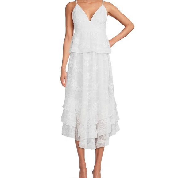 GIANNI BINI MIDORI LACE OVERLAY V-NECK PEPLUM LAYERED A-LINE DRESS 12 - Picture 3 of 6